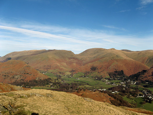 Up on the ridge and a view across the Vale of Grasmere to Helvellyn and Fairfield.